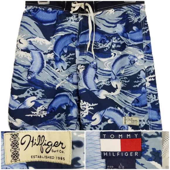 Vtg Tommy Hilfiger Men Swim Trunks Sz L Blue Fish - Picture 1 of 8